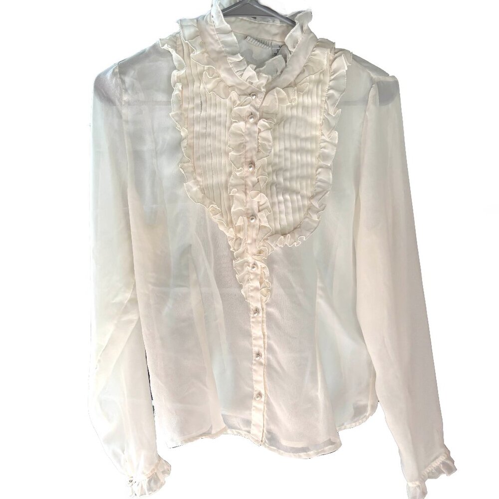 White Stag - Off White Ruffle Collar Button Down - S - Chiffon / Sheer